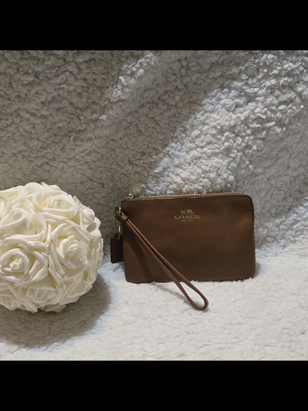 Coach Brown Pebble Leather Wristlet with Gold Logo